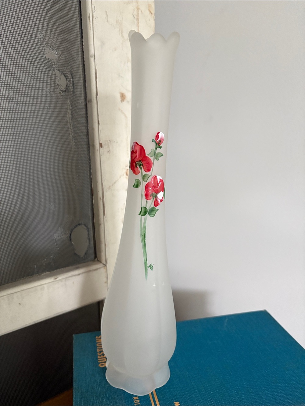 Frosted White Bud Vase with Hand-Painted Red Floral Detail
